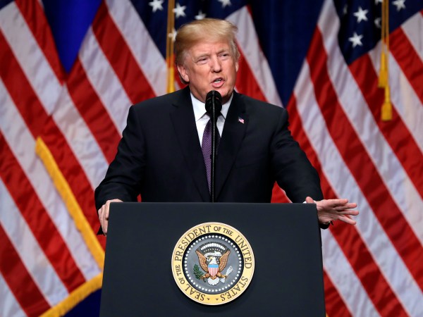 President Donald Trump delivers a speech on national security, Monday, Dec. 18, 2017, in Washington. (AP Photo/Evan Vucci)