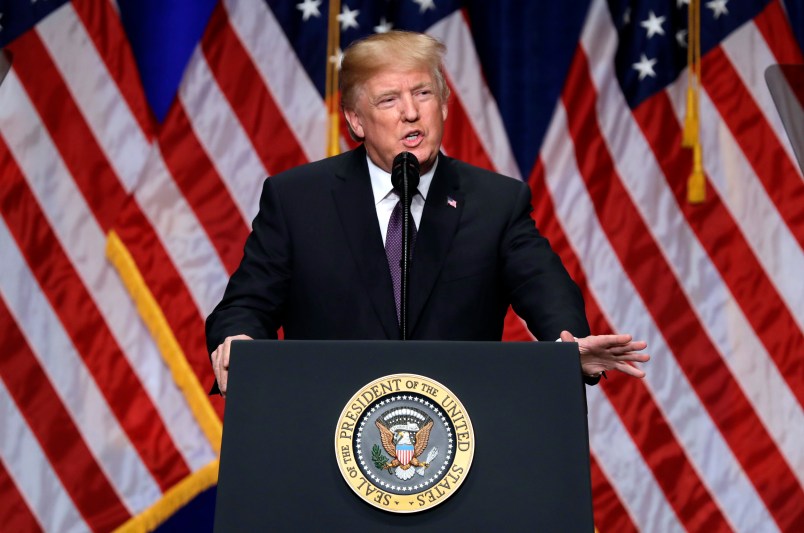 President Donald Trump delivers a speech on national security, Monday, Dec. 18, 2017, in Washington. (AP Photo/Evan Vucci)