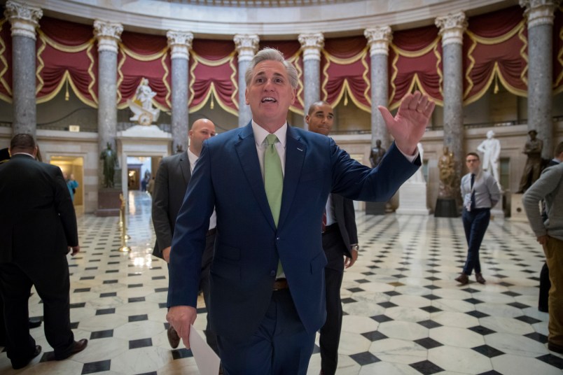 House Majority Leader Kevin McCarthy, R-Calif., walks through Statuary Hall for final passage of the Republican tax reform bill, at the Capitol in Washington, Tuesday, Dec. 19, 2017. The vote, largely along party lines, was 227-203 and capped a GOP sprint to deliver a major legislative accomplishment to President Donald Trump after a year of congressional stumbles. (AP Photo/J. Scott Applewhite)