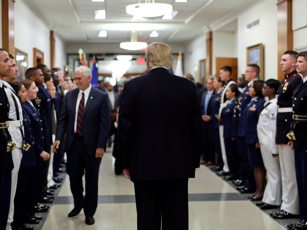 President Donald Trump and Vice President Mike Pence greet military personnel during their visit to the Pentagon, Thursday, July 20, 2017. (AP Photo/Pablo Martinez Monsivais)