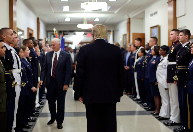 President Donald Trump and Vice President Mike Pence greet military personnel during their visit to the Pentagon, Thursday, July 20, 2017. (AP Photo/Pablo Martinez Monsivais)