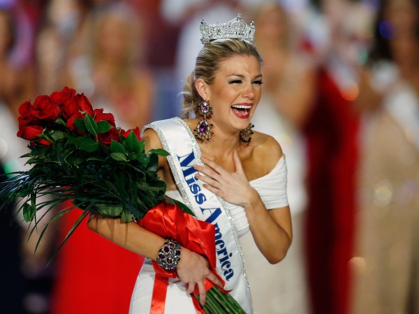 Miss New York Mallory Hytes Hagan reacts as she is crowned Miss America 2013 on Saturday, Jan. 12, 2013, in Las Vegas. (AP Photo/Isaac Brekken)