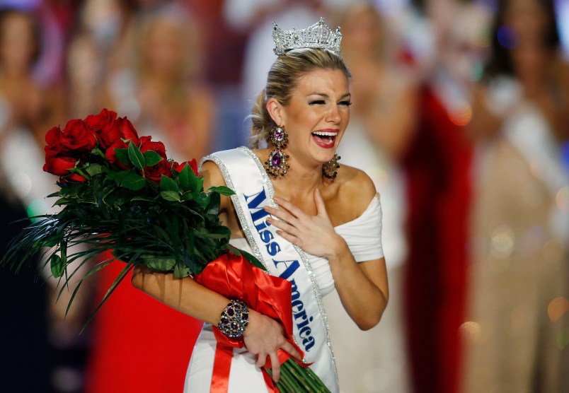 Miss New York Mallory Hytes Hagan reacts as she is crowned Miss America 2013 on Saturday, Jan. 12, 2013, in Las Vegas. (AP Photo/Isaac Brekken)