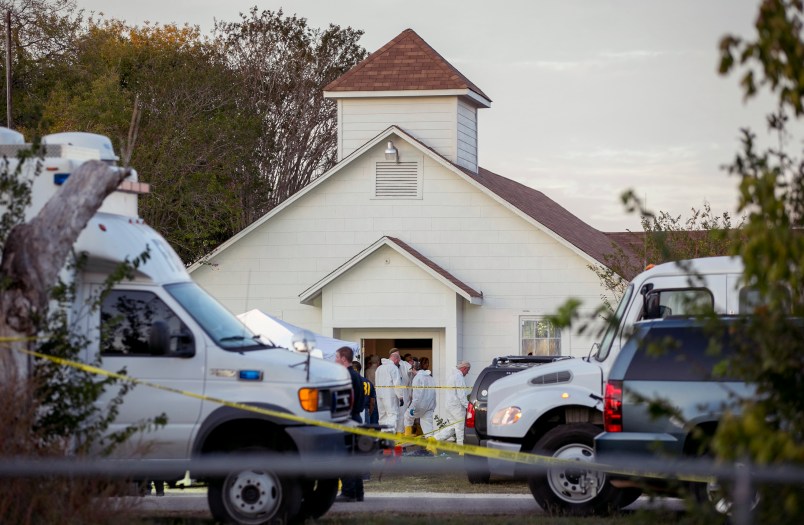 Investigators work at the scene of a mass shooting at the First Baptist Church in Sutherland Springs on Sunday November 5, 2017.  (AP Photo/Austin American-Statesman, Jay Janner)