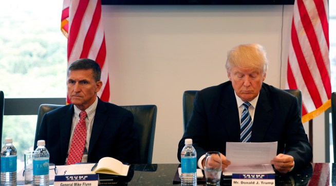 Republican presidential candidate Donald Trump, conducts a roundtable discussion on national security in his offices in Trump Tower in New York, Wednesday, Aug. 17, 2016. Left is Ret. Army Gen. Mike Flynn and right is Ret. Army Lt. Gen. Keith Kellogg. (AP Photo/Gerald Herbert)