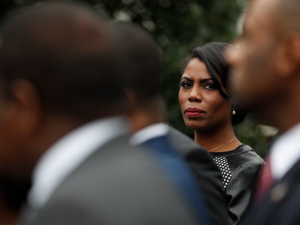 White House Director of communications for the Office of Public Liaison Omarosa Manigault stands with the of leaders of Historically Black Colleges and Universities (HBCU) outside the West Wing of the White House in Washington, Tuesday, Feb. 28, 2017. President Donald Trump signed an executive order Tuesday aimed at signaling his commitment to historically black colleges and universities, saying that those schools will be "an absolute priority for this White House."(AP Photo/Pablo Martinez Monsivais)