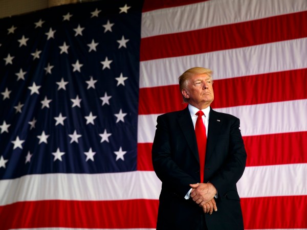 President Donald Trump is introduced to speak to U.S. military troops at Naval Air Station Sigonella, Saturday, May 27, 2017, in Sigonella, Italy. (AP Photo/Evan Vucci)