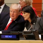 United States President Donald Trump speaks with U.S. Ambassador to the United Nations Nikki Haley before a meeting during the 72st session of the United Nations General Assembly at U.N. headquarters, Monday, Sept. 18, 2017. (AP Photo/Seth Wenig)