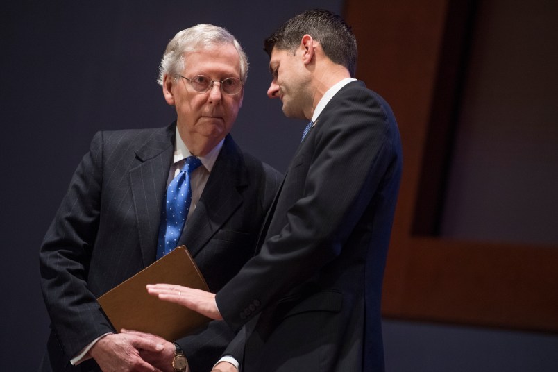 UNITED STATES - NOVEMBER 09: Senate Majority Leader Mitch McConnell, R-Ky., left, and Speaker of the House Paul Ryan, R-Wis., attend a U.S. Capitol Police Medal of Honor ceremony in the Congressional Auditorium on November 9, 2017. Special Agents Crystal Griner and David Bailey of the U.S. Capitol Police and three officers from the Alexandria Police Department received the USCP's Medal of Honor for their actions during the GOP baseball practice shooting in June. (Photo By Tom Williams/CQ Roll Call)
