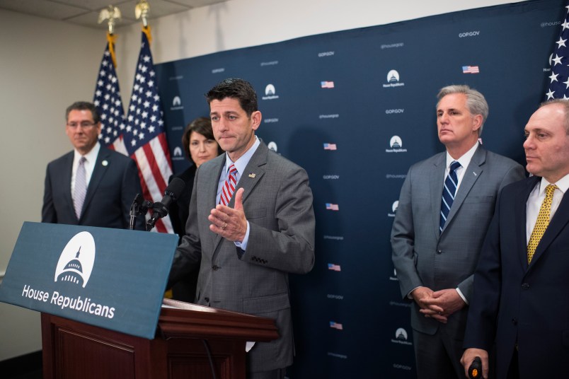 UNITED STATES - NOVEMBER 29: Speaker Paul Ryan, R-Wis., conducts a news conference after the House Republican Conference meeting in the Capitol on November 29, 2017. Also appearing are, from left, Reps. Gregg Harper, R-Miss., Cathy McMorris Rodgers, R-Wash., House Majority Leader Kevin McCarthy, R-Calif., and House Majority Whip Steve Scalise, R-La.. (Photo By Tom Williams/CQ Roll Call)