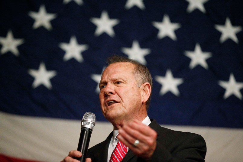 Former Alabama Chief Justice and U.S. Senate candidate Roy Moore speaks at a campaign rally, Tuesday, Dec. 5, 2017, in Fairhope Ala. (AP Photo/Brynn Anderson)