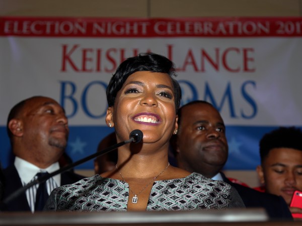 Atlanta mayoral candidate Keisha Lance Bottoms declares victory during an election-night watch party Wednesday, Dec. 6, 2017, in Atlanta. (AP Photo/John Bazemore)