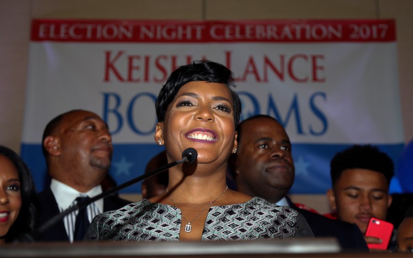 Atlanta mayoral candidate Keisha Lance Bottoms declares victory during an election-night watch party Wednesday, Dec. 6, 2017, in Atlanta. (AP Photo/John Bazemore)