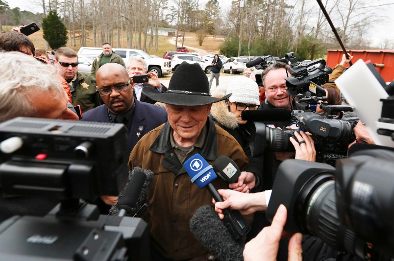 U.S. Senate candidate Roy Moore rides a horse to vote during the Alabama senatorial election, Tuesday, Dec. 12, 2017, in Gallant, Ala. (AP Photo/Brynn Anderson)