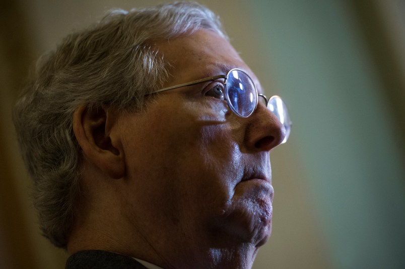 UNITED STATES - DECEMBER 12: Senate Majority Leader Mitch McConnell, R-Ky., conducts a news conference after the Senate Policy luncheons in the Capitol on December 12, 2017. (Photo By Tom Williams/CQ Roll Call)