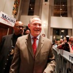 U.S. Senate candidate Roy Moore greets supporters during an election-night watch party at the RSA activity center, Tuesday, Dec. 12, 2017, in Montgomery, Ala. (AP Photo/Brynn Anderson)