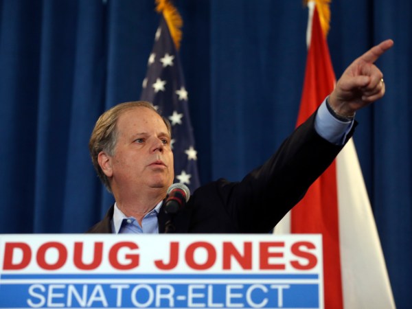 Democrat speaks Doug Jones speaks during a news conference Wednesday, Dec. 13, 2017, in Birmingham, Ala.  (AP Photo/John Bazemore)
