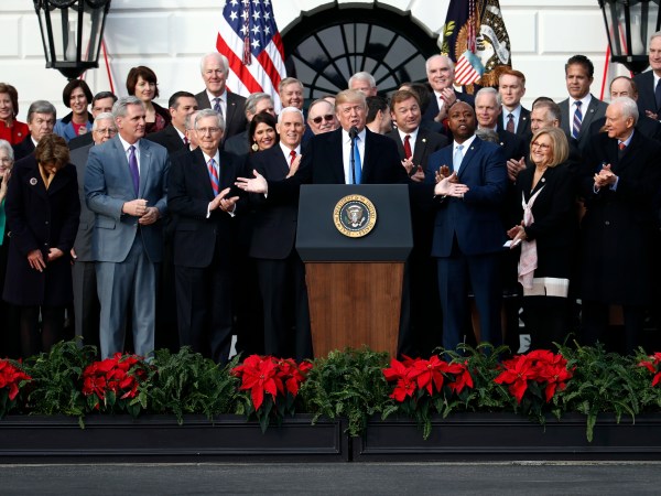 President Donald Trump speaks during a bill passage event on the South Lawn of the White House in Washington, Wednesday, Dec. 20, 2017, to acknowledge the final passage of tax cut legislation by congress. (AP Photo/Carolyn Kaster)