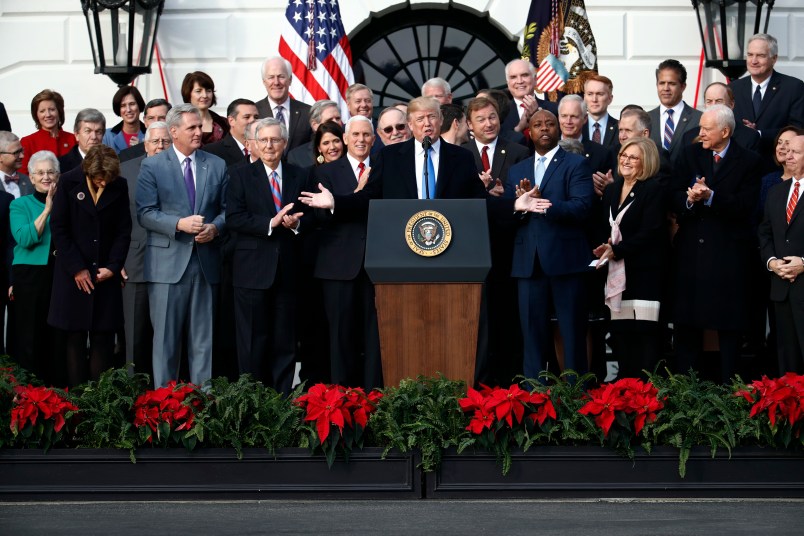 President Donald Trump speaks during a bill passage event on the South Lawn of the White House in Washington, Wednesday, Dec. 20, 2017, to acknowledge the final passage of tax cut legislation by congress. (AP Photo/Carolyn Kaster)