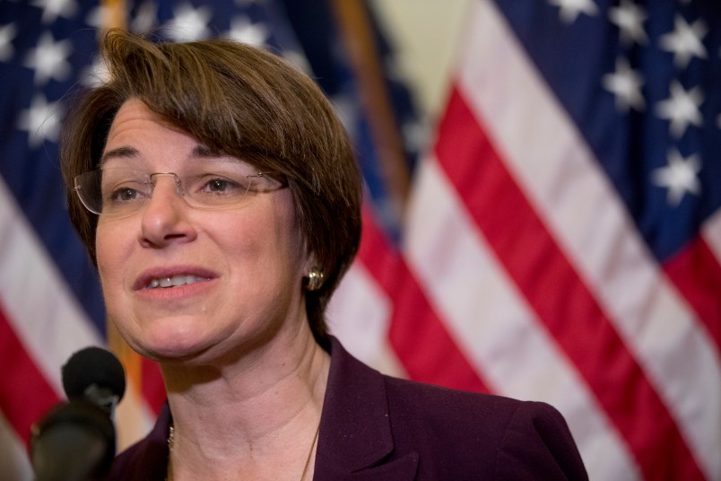 Sen. Amy Klobuchar, D-Minn., speaks at a news conference on American labor on Capitol Hill in Washington, Wednesday, Nov. 1, 2017. Trump said on Twitter that the driver in Tuesday's attack "came into our country through what is called the 'Diversity Visa Lottery Program,' a Chuck Schumer beauty" — a reference to the Senate's Democratic leader. (AP Photo/Andrew Harnik)