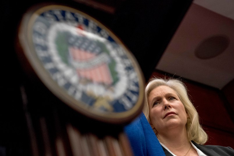 Sen. Kirsten Gillibrand, D-N.Y., attends a news conference where she and other members of congress have introduced legislation to curb sexual harassment in the workplace, on Capitol Hill, Wednesday, Dec. 6, 2017, in Washington. Gillibrand and fellow female Democratic senators have united in calling for Sen. Al Franken to resign amid sexual misconduct allegations. (AP Photo/Andrew Harnik)