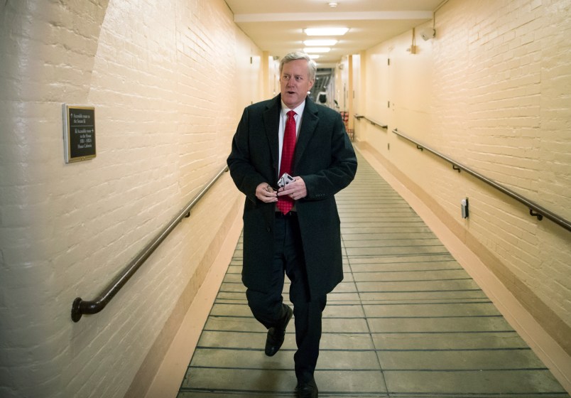 Rep. Mark Meadows, R-N.C., chairman of the conservative Freedom Caucus, arrives for a closed-door strategy session with House Republicans as the deadline looms to pass a spending bill to fund the government by week's end, on Capitol Hill in Washington, Tuesday, Dec. 5, 2017.  (AP Photo/J. Scott Applewhite)