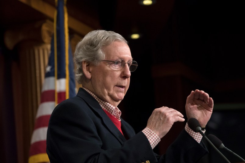 Senate Majority Leader Mitch McConnell, R-Ky., discusses the GOP agenda for next year and touts his accomplishments in the first year of the Trump Administration, during a news conference on Capitol Hill in Washington, Friday, Dec. 22, 2017. The six-term Kentucky lawmaker will face an even slimmer GOP majority, 51 Republicans to 49 Democrats, in January when Alabama Democrat Doug Jones is seated. Two other long-serving Republicans, Sen. John McCain of Arizona, and Sen. Thad Cochran of Mississippi, have been sidelined with health issues. (AP Photo/J. Scott Applewhite)