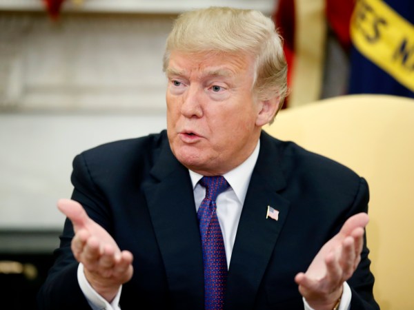 President Donald Trump speaks before a meeting with congressional leaders including Vice President Mike Pence, House Speaker Paul Ryan of Wis., House Minority Leader Nancy Pelosi of Calif., Senate Majority Leader Mitch McConnell of Ky., Senate Minority Leader Chuck Schumer of N.Y., Defense Secretary Jim Mattis, in the Oval Office of the White House, Thursday, Dec. 7, 2017, in Washington. (AP Photo/Alex Brandon)