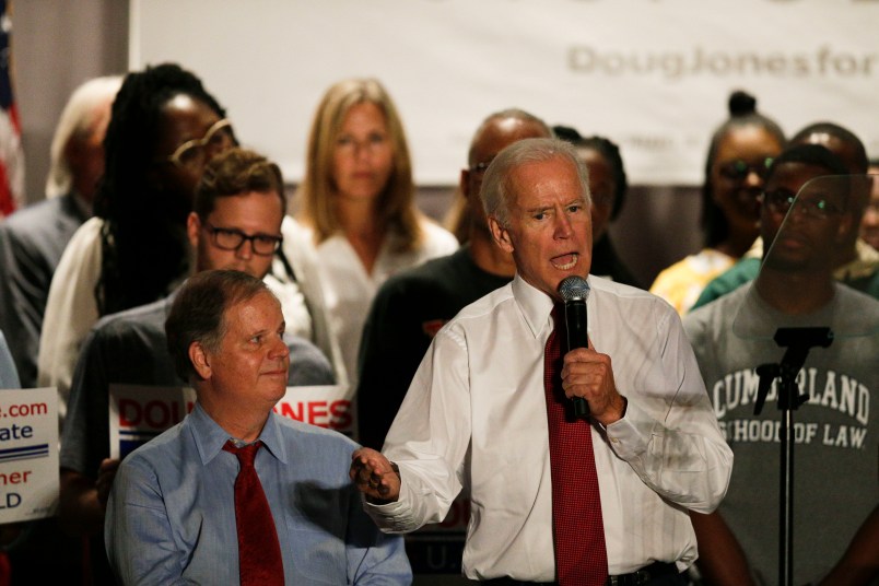 Former Vice President Joe Biden speaks at a rally to campaign for Democrat Doug Jones in the race to fill Attorney General Jeff Sessions' former Senate seat, Tuesday, Oct. 3, 2017, in Birmingham, Ala. (AP Photo/Brynn Anderson)