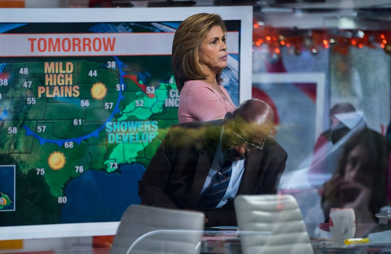 Anchor Hoda Kotb, with co-anchor Al Roker, lower center, stands on the set of the Today Show between segments Wednesday, Nov. 29, 2017, in New York, in the wake of the firing of ‘Today’ co-anchor Matt Lauer. NBC News fired the longtime host on Wednesday for "inappropriate sexual behavior," making him the second morning television show personality to lose his job because of sexual misconduct charges in a week. (AP Photo/Craig Ruttle)