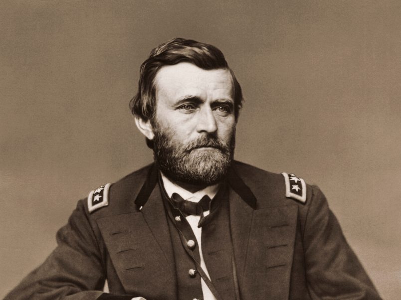 Photograph of Ulysses S. Grant (1822-1885) shown wearing a military uniform and posing for a portrait. He served in the U.S. Civil War at various levels of military command. Grant was promoted to lieutenant general in 1864 and given command of all Union armies. He was eighteenth president of the United States, elected in 1868 and reelected in 1872.