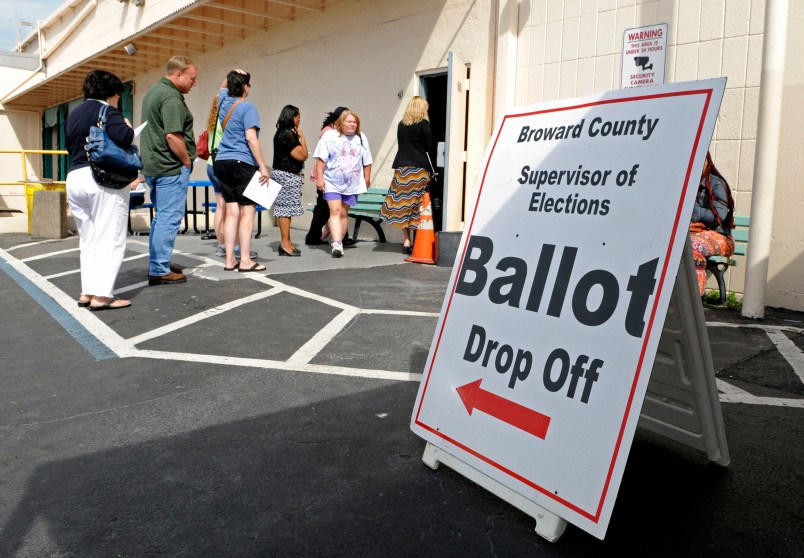 Voters wait in line at the Supervisor of Elections office in Lauderhill to drop off their absentee ballots, Monday, November 5, 2012, in Ft. Lauderdale, Florida. (Susan Stocker/Sun Sentinel/MCT)