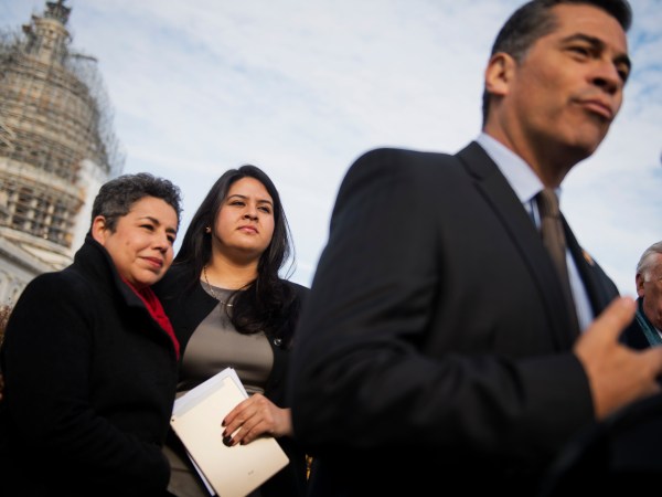 UNITED STATES - DECEMBER 04: From left, Clarissa Martinez-De-Castro of the National Council of La Raza, Lorella Praeli of United We Dream, Chairman of the House Democratic Caucus Rep. Xavier Becerra, D-Calif., House Minority Whip Steny Hoyer, D-Md., attend a news conference at the House Triangle, to call on House Republicans to pass a comprehensive immigration reform bill, December 4, 2014. (Photo By Tom Williams/CQ Roll Call)