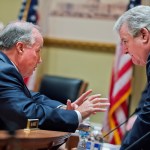 UNITED STATES - JUNE 03: Ed Cassidy, left, Chief Administrative Officer of the House, talks with Rep. Bob Brady, D-Pa., after a House Administration Committee hearing in Longworth Building titled "House Officer Priorities for 2016 and Beyond," June 3, 2015. (Photo By Tom Williams/CQ Roll Call)
