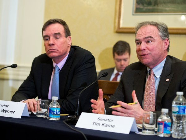 UNITED STATES - APRIL 13: Sens. Tim Kaine, D-Va., and Mark Warner, D-Va., attend a meeting with Paul Wiedefeld, General Manager of the D.C. Metro, during a discussion about the safety of the system, April 13, 2016. Sens. Barbara Mikulski, D-Md., and Ben Cardin, D-Md., also attended. (Photo By Tom Williams/CQ Roll Call)
