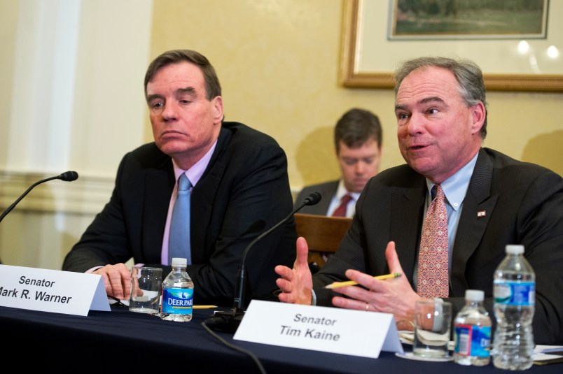 UNITED STATES - APRIL 13: Sens. Tim Kaine, D-Va., and Mark Warner, D-Va., attend a meeting with Paul Wiedefeld, General Manager of the D.C. Metro, during a discussion about the safety of the system, April 13, 2016. Sens. Barbara Mikulski, D-Md., and Ben Cardin, D-Md., also attended. (Photo By Tom Williams/CQ Roll Call)
