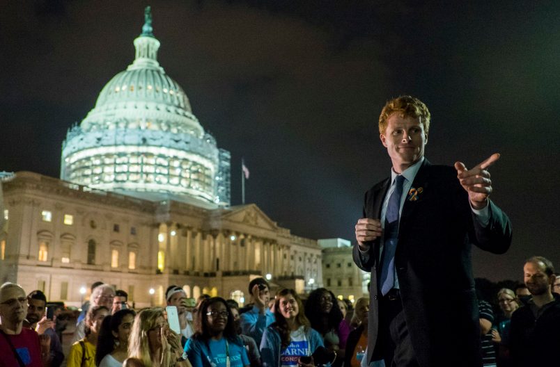 WASHINGTON, DC - June 23:  Rep. Joe Kennedy III (D-MA) speaks to supporters of House Democrats taking part in a sit-in on the House Chamber outside the U.S. Capitol on June 23, 2016 in Washington, DC. House Republicans attempted to end the 16-hour sit-in by Democrats early Thursday morning by adjourning for a recess through July 5.  (Photo by Pete Marovich/Getty Images)