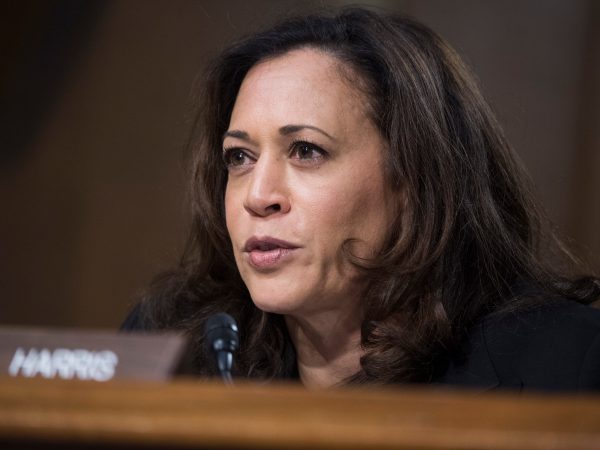 UNITED STATES - JANUARY 12: Sen. Kamala Harris, D-Calif., questions Rep. Mike Pompeo, R-Kan., nominee for director of the Central Intelligence Agency, during his Senate Select Intelligence Committee confirmation hearing in Dirksen Building, January 12, 2017. The hearing was moved from Hart Building due to a power outage. (Photo By Tom Williams/CQ Roll Call)