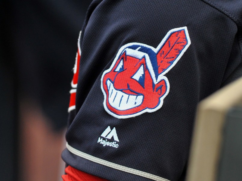 CLEVELAND, OH - MAY 17, 2016: A view of the Chief Wahoo logo on the sleeve of shortstop Francisco Lindor #12 of the Clevleand Indians during a game against the Cincinnati Reds on May 17, 2016 at Progressive Field in Cleveland, Ohio. Cleveland won 13-1. (Photo by: Nick Cammett/Diamond Images/Getty Images)  *** Local Caption *** Chief Wahoo
