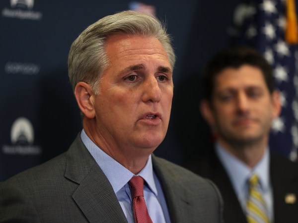 WASHINGTON, DC - MARCH 15:  House Majority Leader Kevin McCarthy (R-CA) speaks as House Speaker Paul Ryan (R-WI) looks on as speaks during a news conference at the U.S. Capitol on March 15, 2017 in Washington, DC.  Speaker Ryan and House Republicans discussed the Amercian Health Care Act.  (Photo by Justin Sullivan/Getty Images)