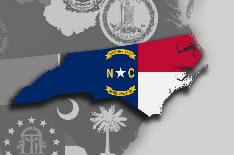 Illustration of the State of North Carolina silhouette map and flag. Its a JPG image.