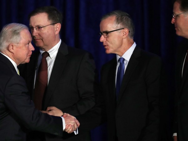 U.S. Attorney General Jeff Sessions and Deputy Attorney General Rod Rosenstein address the National Summit on Crime Reduction and Public Safety at the Hyatt Regency hotel June 20, 2017 in Bethesda, Maryland. Attorney General Jeff Sessions has recused himself from the Justice Department's investigation into Russian involvement in the 2016 presidential election, when he served as an advisor to the campaign of President Donlad Trump. Rosenstein took over the  Justice Department's investigation into Russian involvement in the 2016 presidential election after Attorney General Jeff Sessions recused himself due to his involvement in the Trump campaign.