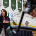 SEATTLE, WA - JULY 8:  Sen. Maria Cantwell (D-WA) speaks during a town hall at Evergreen High School, on July 8, 2017 in Seattle, Washington. The town hall, attended by more than 400 people, was one of several Cantwell scheduled throughout the the state during the Congress' Fourth of July recess that addressed constituent concerns from healthcare to immigration to the Presidential Advisory Committee on Election Integrity. (Photo by Stephen Brashear/Getty Images)