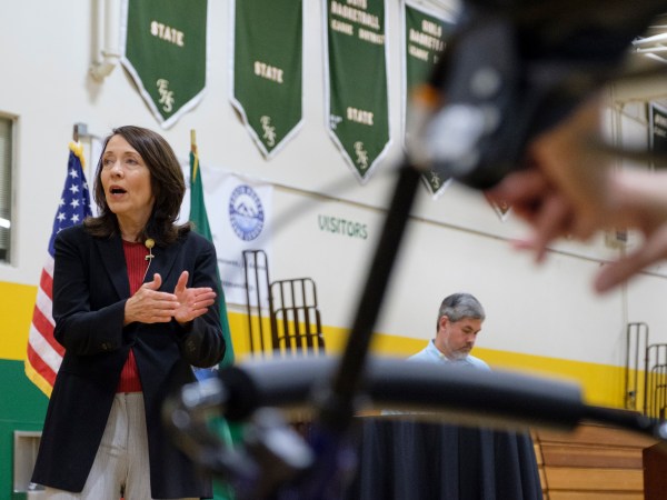SEATTLE, WA - JULY 8:  Sen. Maria Cantwell (D-WA) speaks during a town hall at Evergreen High School, on July 8, 2017 in Seattle, Washington. The town hall, attended by more than 400 people, was one of several Cantwell scheduled throughout the the state during the Congress' Fourth of July recess that addressed constituent concerns from healthcare to immigration to the Presidential Advisory Committee on Election Integrity. (Photo by Stephen Brashear/Getty Images)