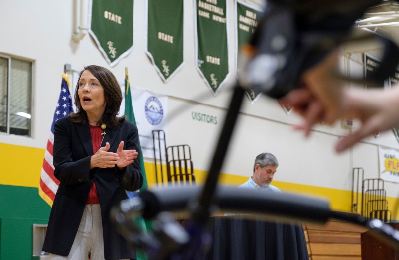 SEATTLE, WA - JULY 8:  Sen. Maria Cantwell (D-WA) speaks during a town hall at Evergreen High School, on July 8, 2017 in Seattle, Washington. The town hall, attended by more than 400 people, was one of several Cantwell scheduled throughout the the state during the Congress' Fourth of July recess that addressed constituent concerns from healthcare to immigration to the Presidential Advisory Committee on Election Integrity. (Photo by Stephen Brashear/Getty Images)
