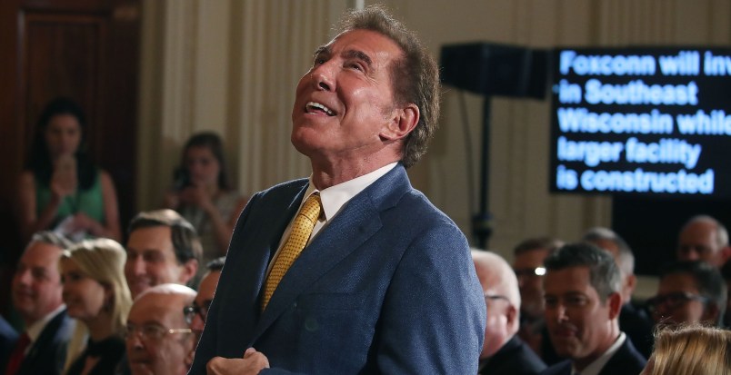 WASHINGTON, DC - JULY 26:  Steve Wynn, CEO of Wynn Resorts, is acknowledged at a news conference held by U.S. President Donald Trump in the East Room of the White House July 26, 2017 in Washington, DC. The president was touting a decision by Apple supplier Foxconn to invest $10 billion to build a factory in Wisconsin that produces LCD panels. Foxconn said the project would create 3,000 jobs, with the "potential" to generate 13,000 new jobs, according to published reports.  (Photo by Mark Wilson/Getty Images)