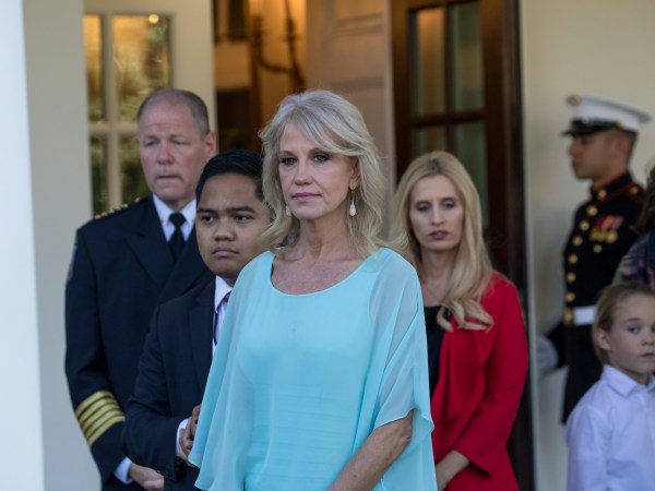 White House counselor Kellyanne Conway, stands by as reporters speak to attendees of the event combatting drug demand and the opioid crisis, outside the West Wing of the White House, on Thursday October 26th, 2017. (Photo by Cheriss May/NurPhoto)