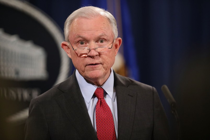 U.S. Attorney General Jeff Sessions holds a news conference at the Department of Justice December 15, 2017 in Washington, DC. Sessions called the question-and-answer session with reporters to highlight his department's fight to reduce violent crime.
