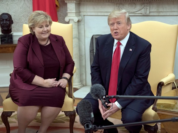 United States President Donald J. Trump, right, meets Prime Minister Erna Solberg of Norway, left, in the Oval Office of the White House in Washington, DC on Wednesday, January 10, 2018.Credit: Ron Sachs / Pool via CNP