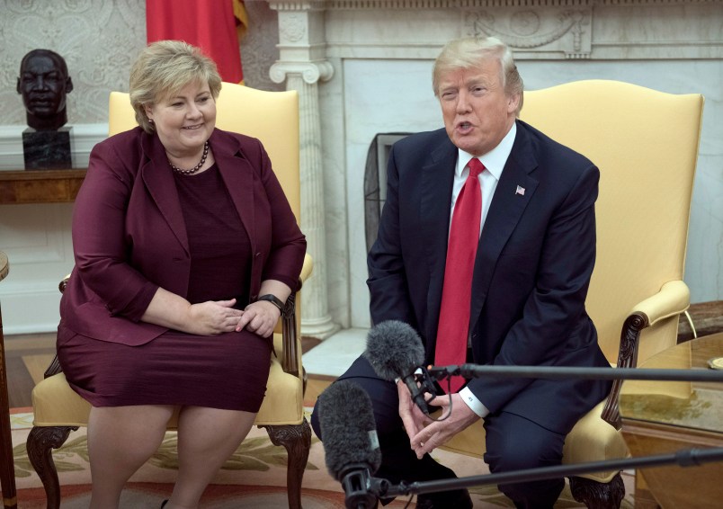 United States President Donald J. Trump, right, meets Prime Minister Erna Solberg of Norway, left, in the Oval Office of the White House in Washington, DC on Wednesday, January 10, 2018.Credit: Ron Sachs / Pool via CNP